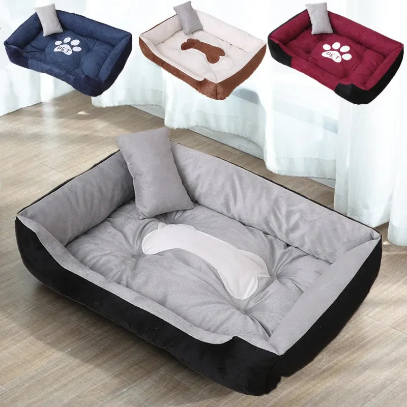 Fleece Dog Beds with Pillow Warm Bed for Small Large Dog plus Size Waterproof Bottom Soft Pet Cat Bed Autumn Winter